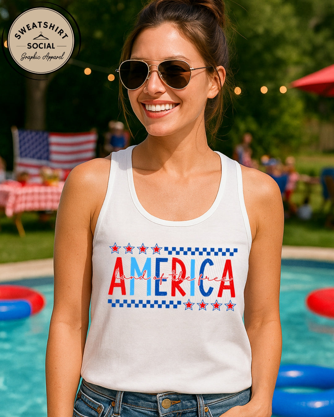 America – Land of the Free Shirt or Tank (Adult Sizes) | Patriotic Red, White & Blue Tee
