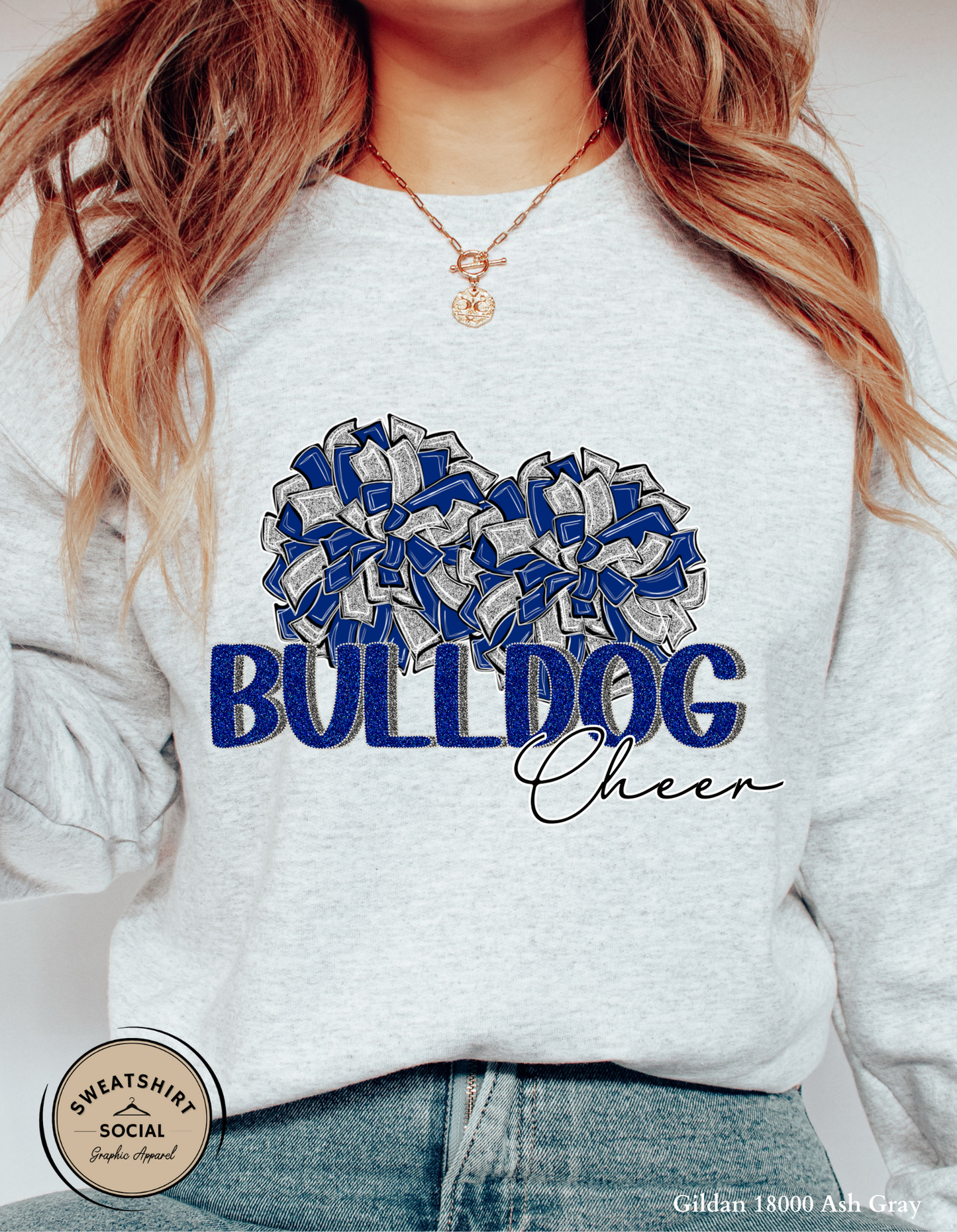 Bulldog Cheer Pom Pom Tee or Sweatshirt – Blue & Gray Spirit Wear (Adult Sizes)