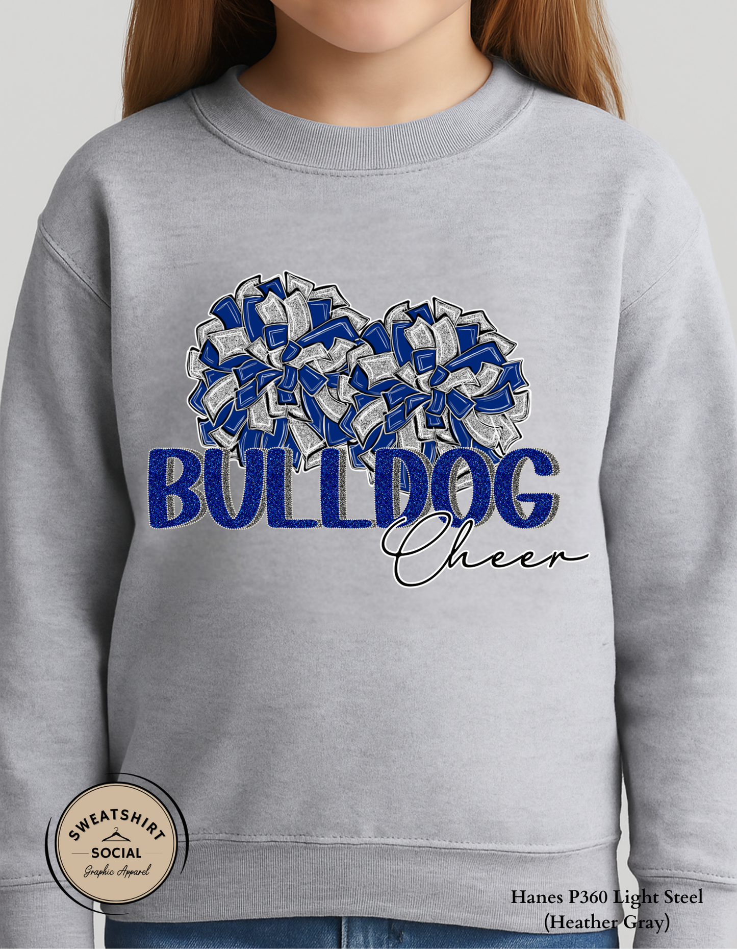 Kids Bulldog Cheer Pom Pom Tee – Blue & Gray Spirit Shirt (Infant, Toddler, Youth Sizes)