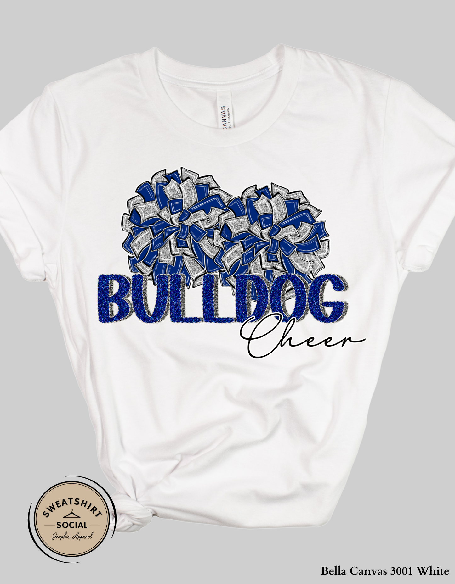 Bulldog Cheer Pom Pom Tee or Sweatshirt – Blue & Gray Spirit Wear (Adult Sizes)