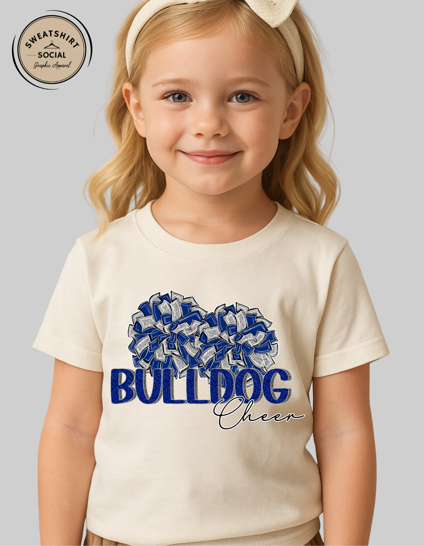 Kids Bulldog Cheer Pom Pom Tee – Blue & Gray Spirit Shirt (Infant, Toddler, Youth Sizes)