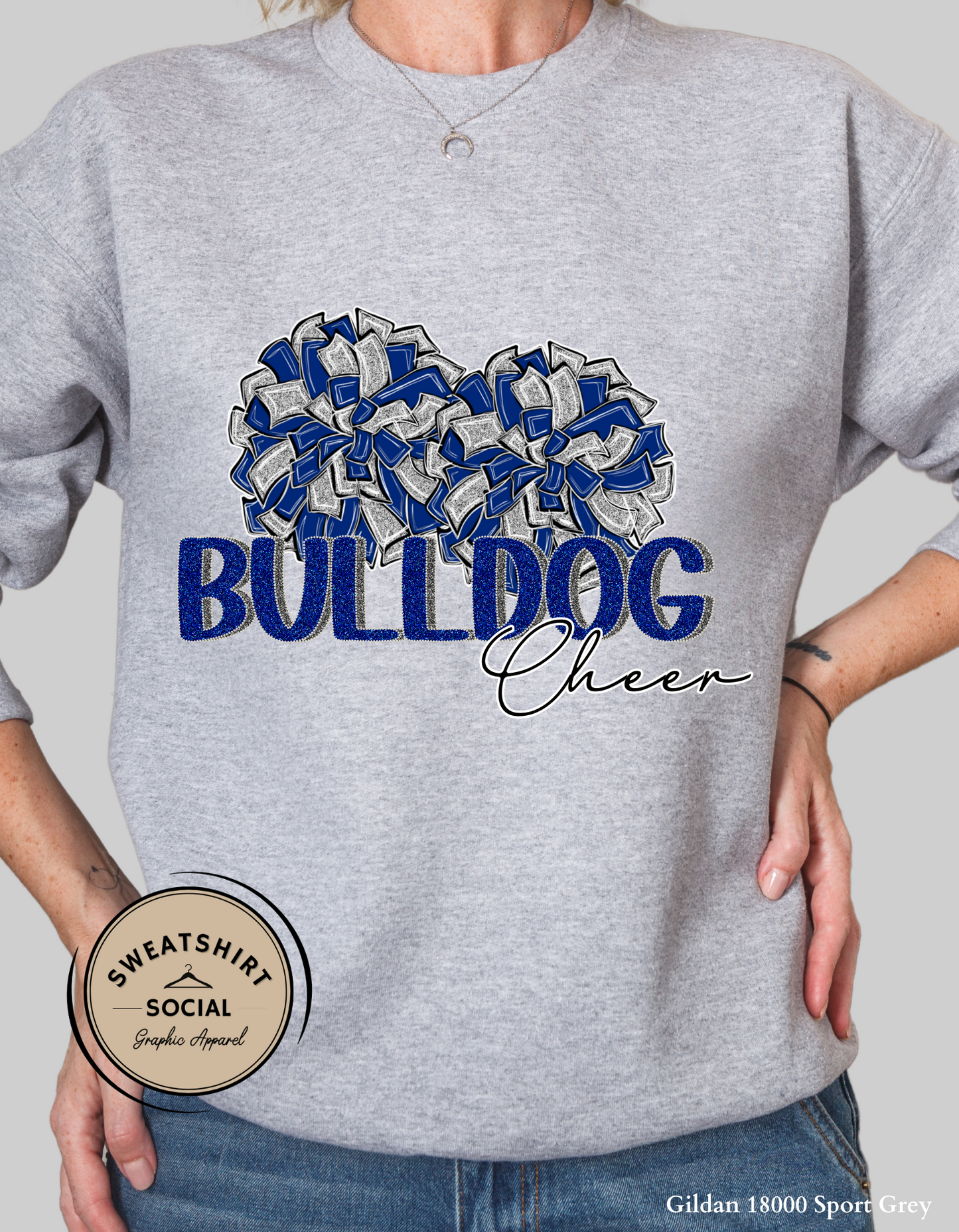 Bulldog Cheer Pom Pom Tee or Sweatshirt – Blue & Gray Spirit Wear (Adult Sizes)