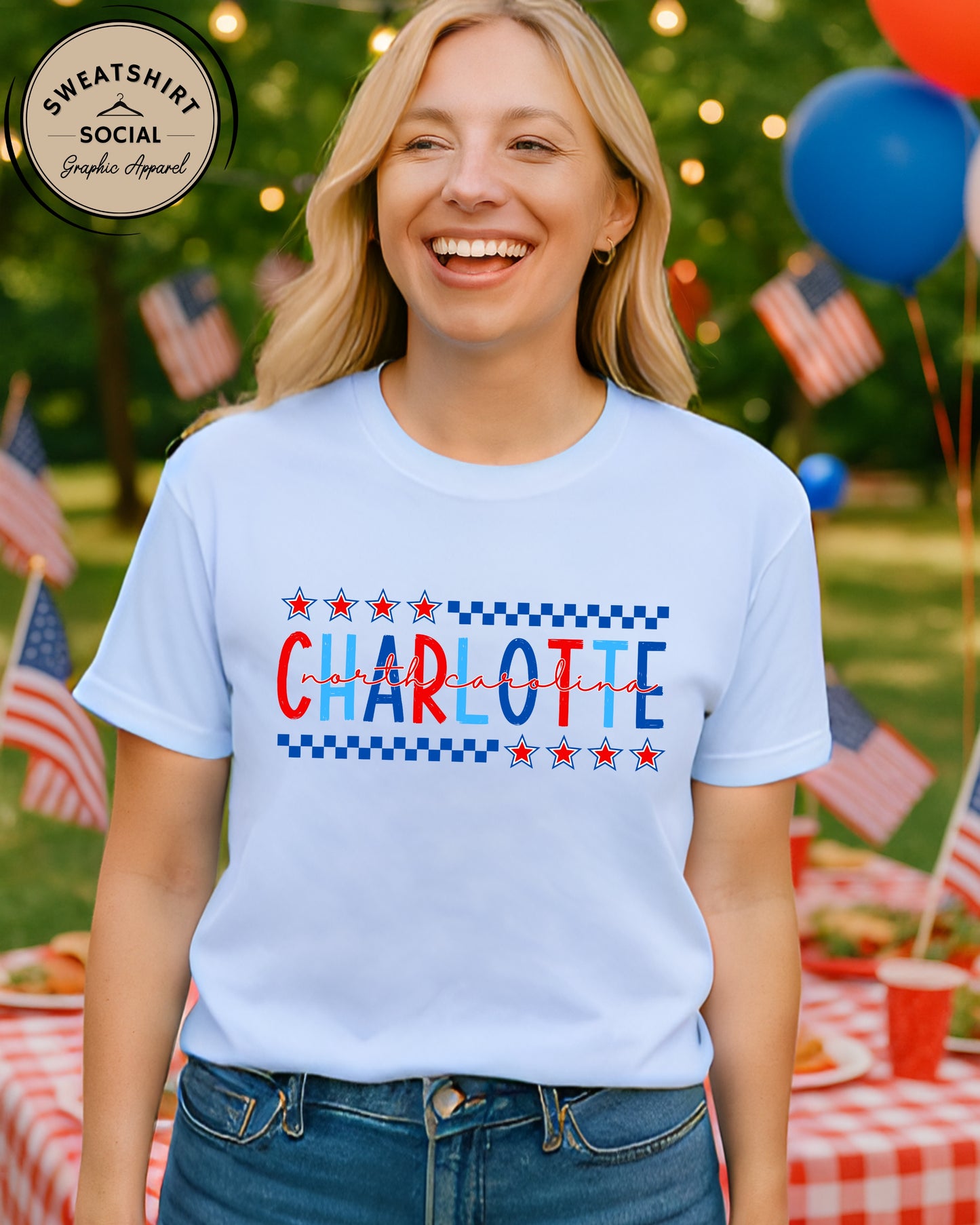 Charlotte NC Fourth of July Shirt – Patriotic Red, White & Blue Hometown T-Shirt