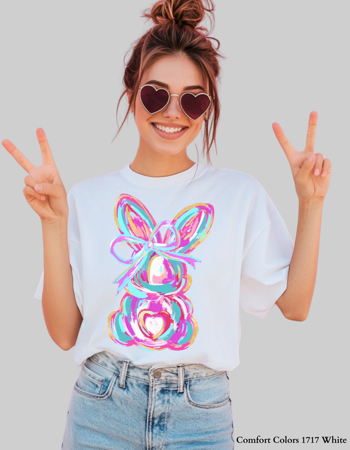 Model wearing the Color Splash Bunny Easter T-Shirt in a soft pastel shade. Lightweight and breathable fabric for a perfect spring outfit.