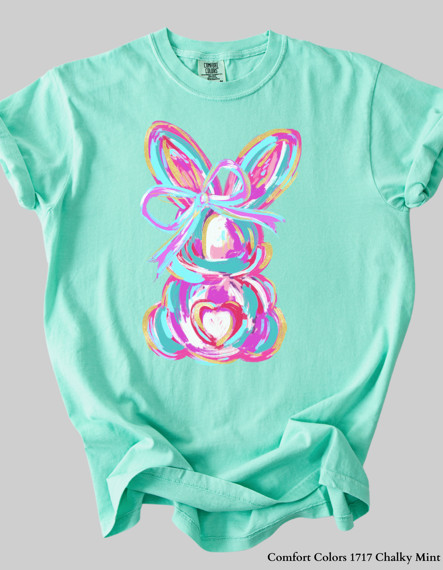 Side view of the Color Splash Bunny Easter Sweatshirt, displaying soft fabric, pastel hues, and an artistic hand-painted bunny print.