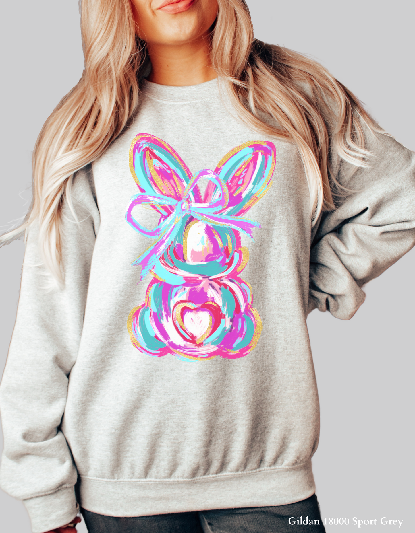 Back view of the Color Splash Bunny Easter Sweatshirt, showcasing a relaxed fit and high-quality fabric in soft spring colors.