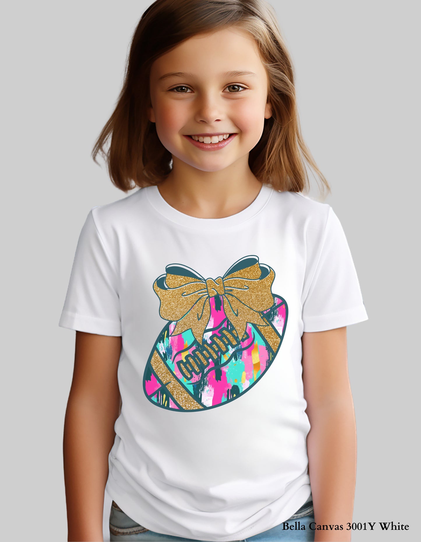 Colorful Game Day Football Shirt with Bow – Faux Glitter Design (Kids Football Tee for Girls)