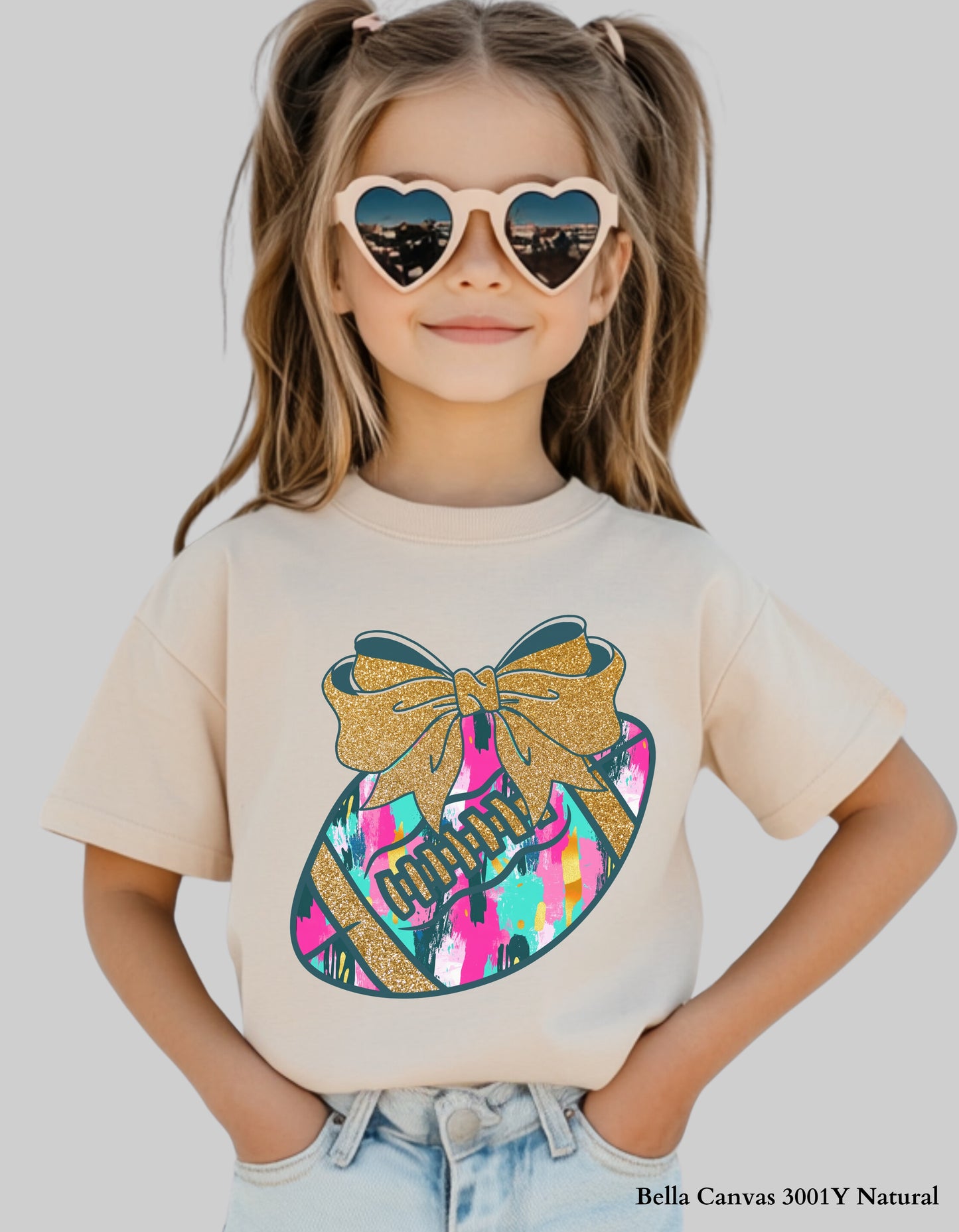 Colorful Game Day Football Shirt with Bow – Faux Glitter Design (Kids Football Tee for Girls)
