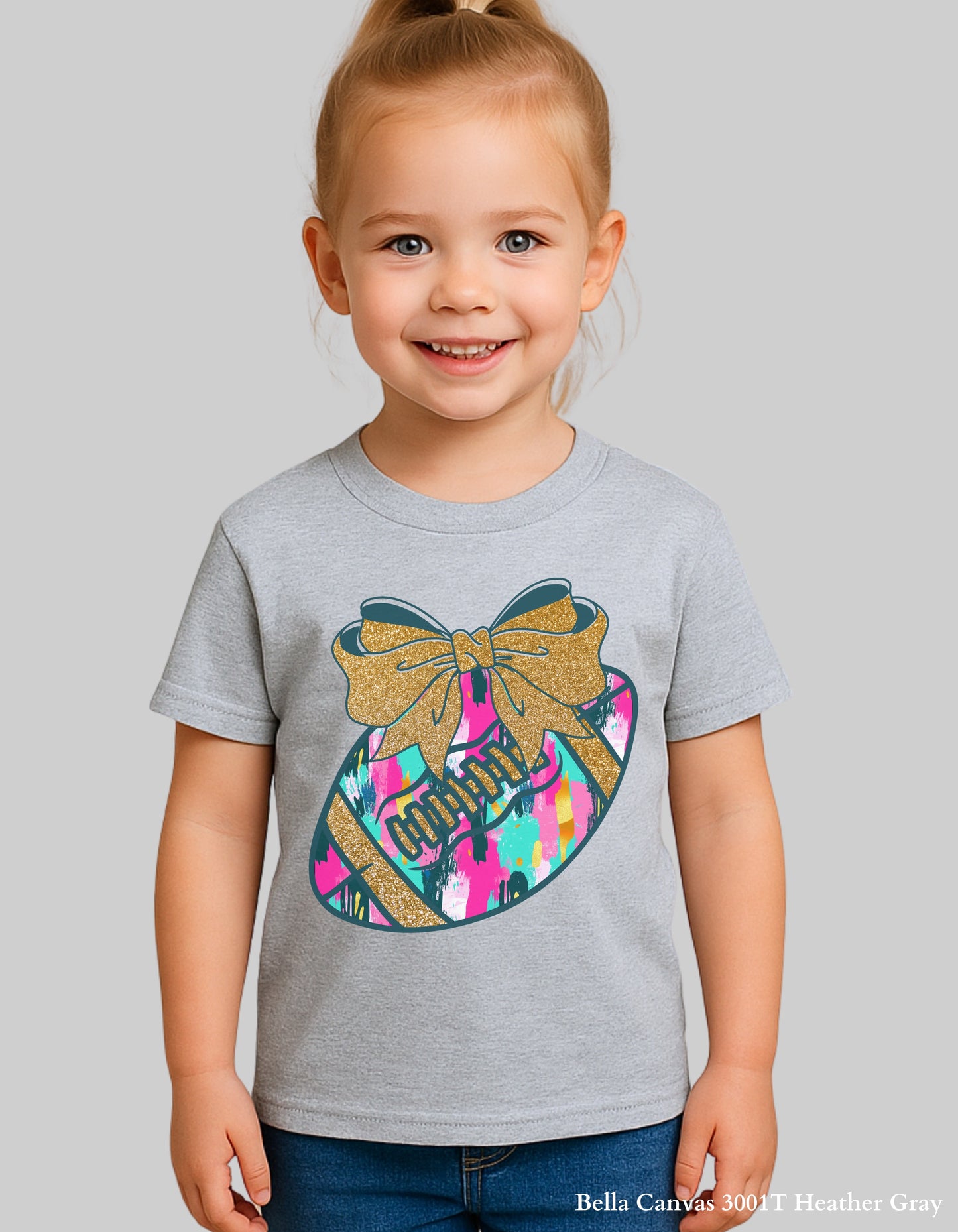 Colorful Game Day Football Shirt with Bow – Faux Glitter Design (Kids Football Tee for Girls)