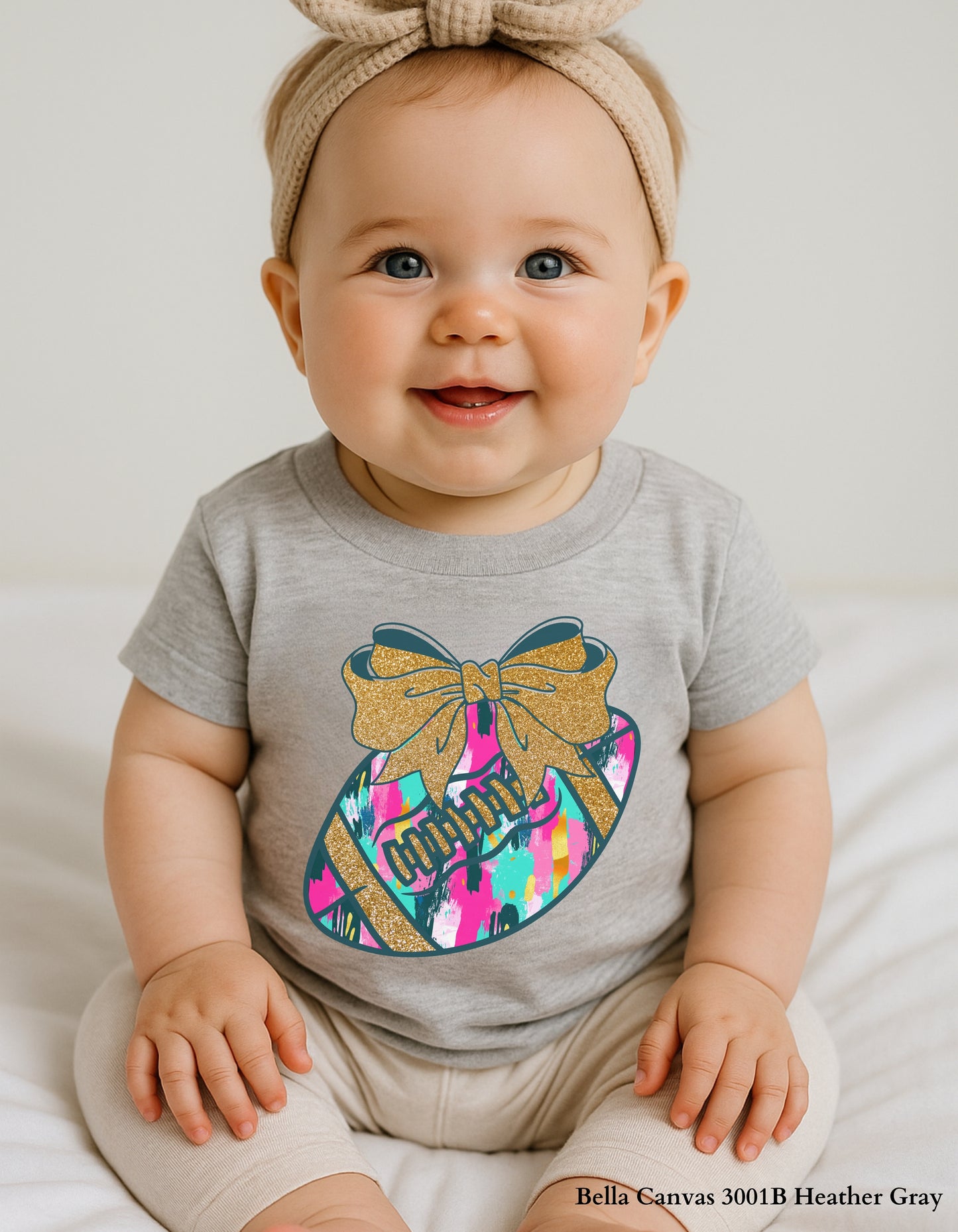 Colorful Game Day Football Shirt with Bow – Faux Glitter Design (Kids Football Tee for Girls)