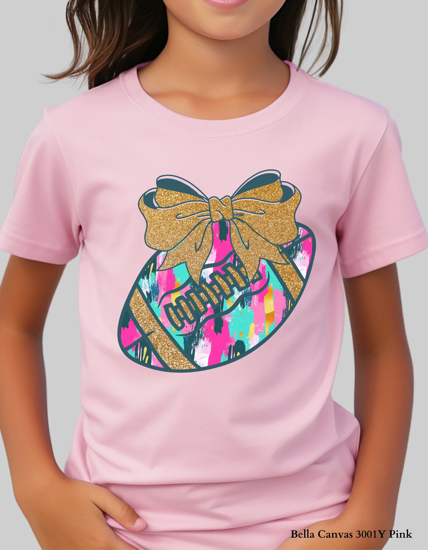 Colorful Game Day Football Shirt with Bow – Faux Glitter Design (Kids Football Tee for Girls)