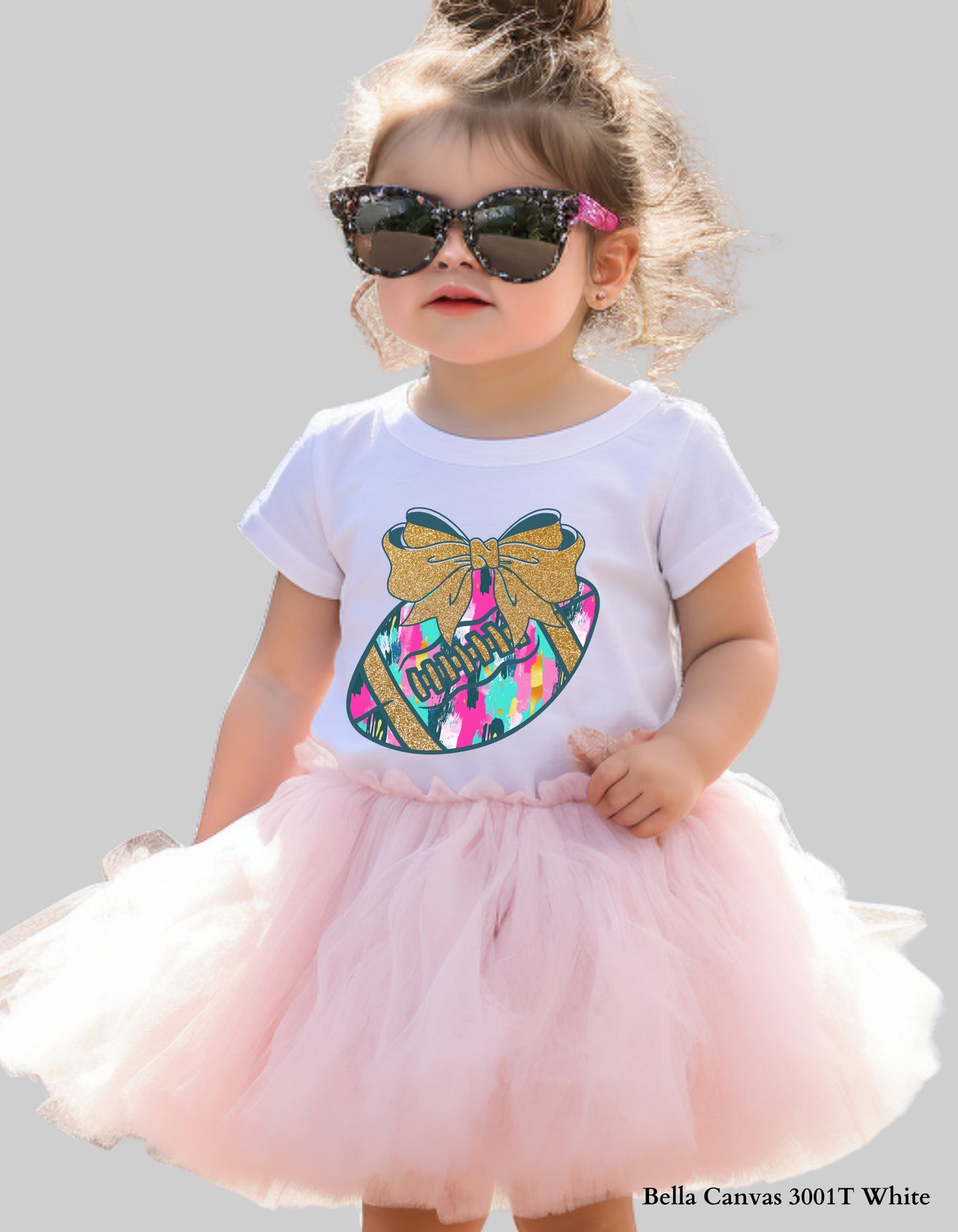 Colorful Game Day Football Shirt with Bow – Faux Glitter Design (Kids Football Tee for Girls)