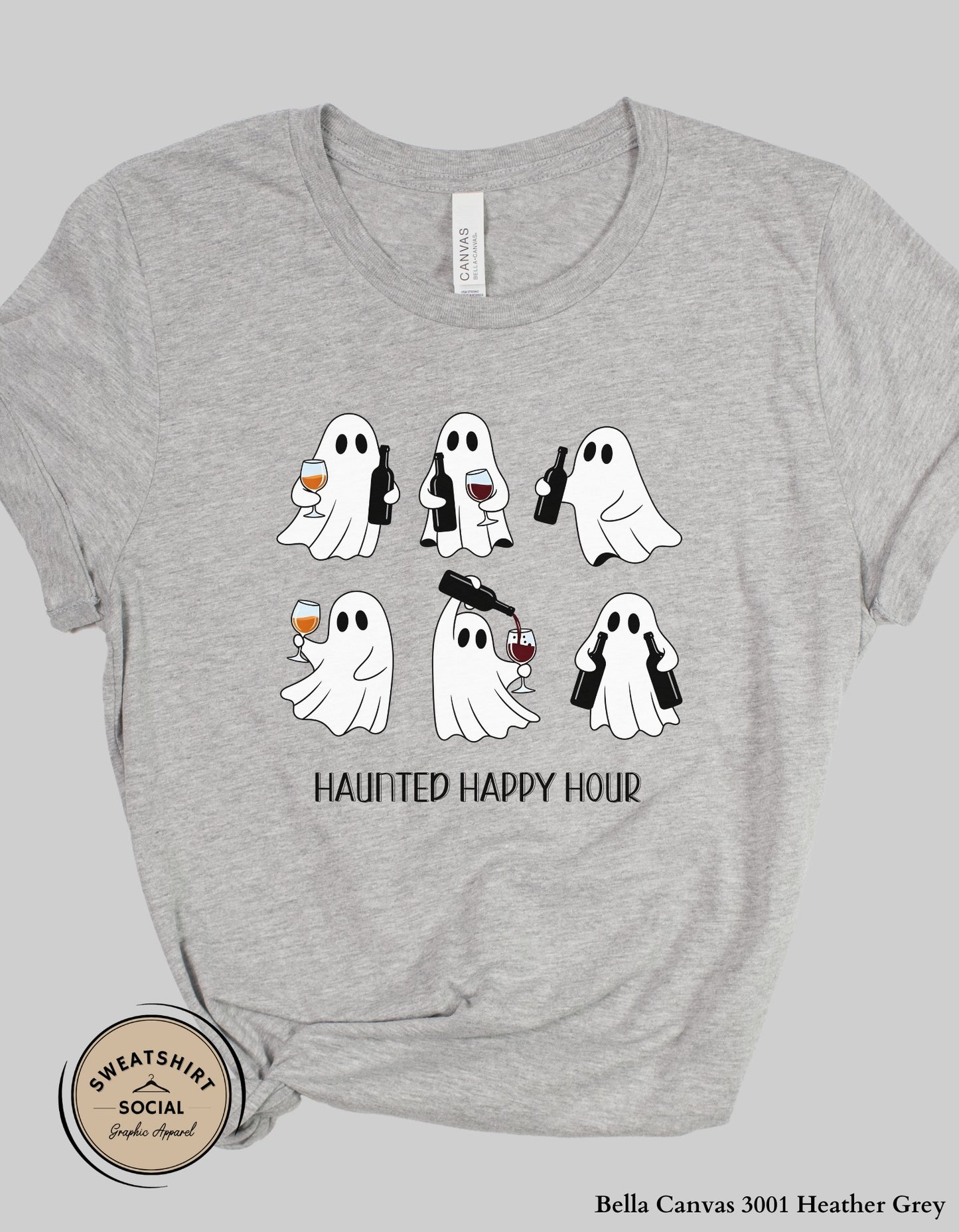 Haunted Happy Hour Ghost Tee – Halloween Wine & Spirits Shirt (Adult Sizes)