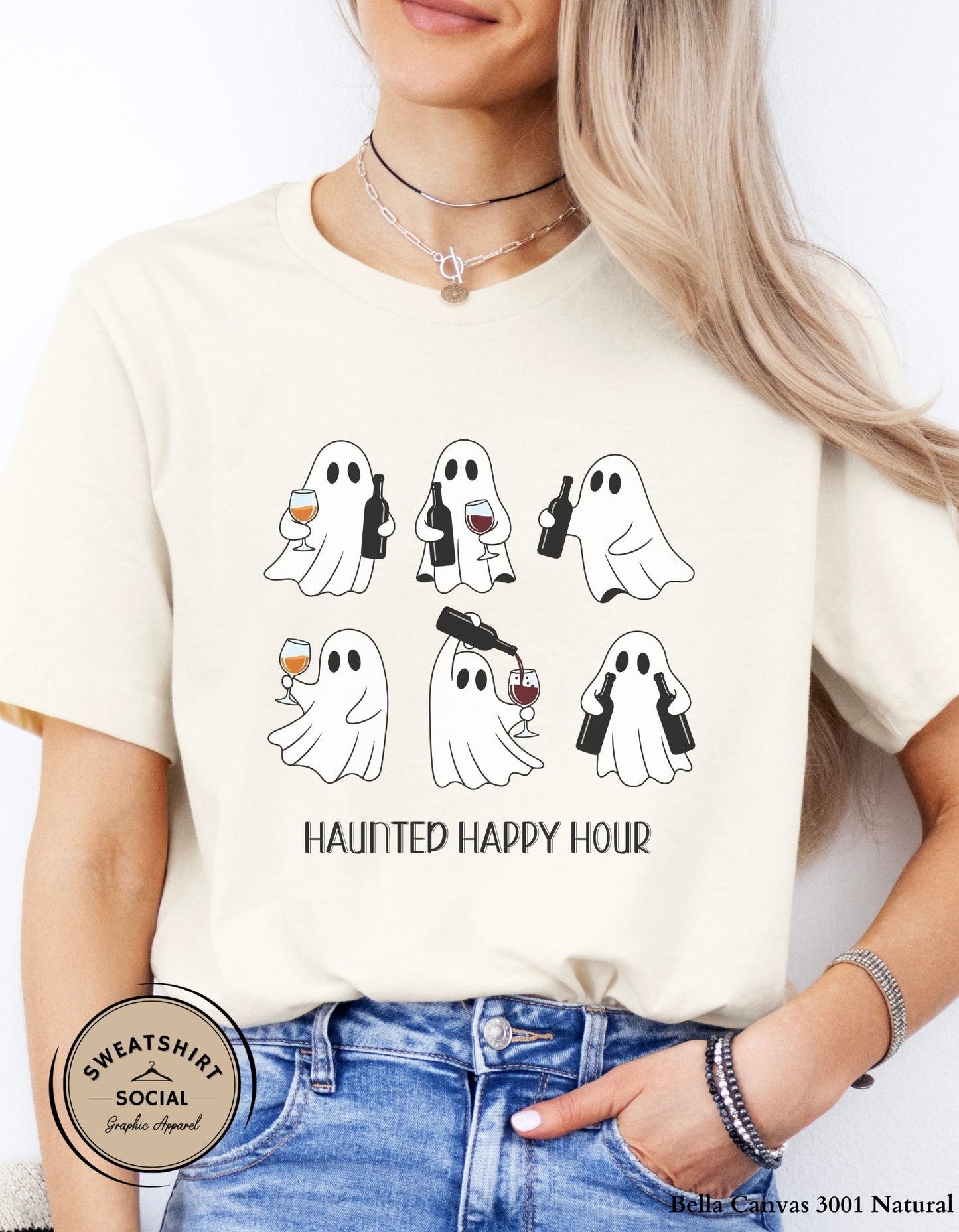 Haunted Happy Hour Ghost Tee – Halloween Wine & Spirits Shirt (Adult Sizes)