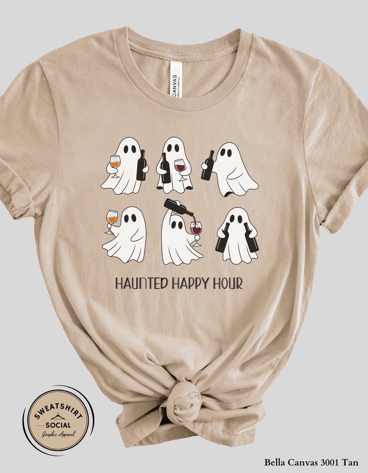 Haunted Happy Hour Ghost Tee – Halloween Wine & Spirits Shirt (Adult Sizes)