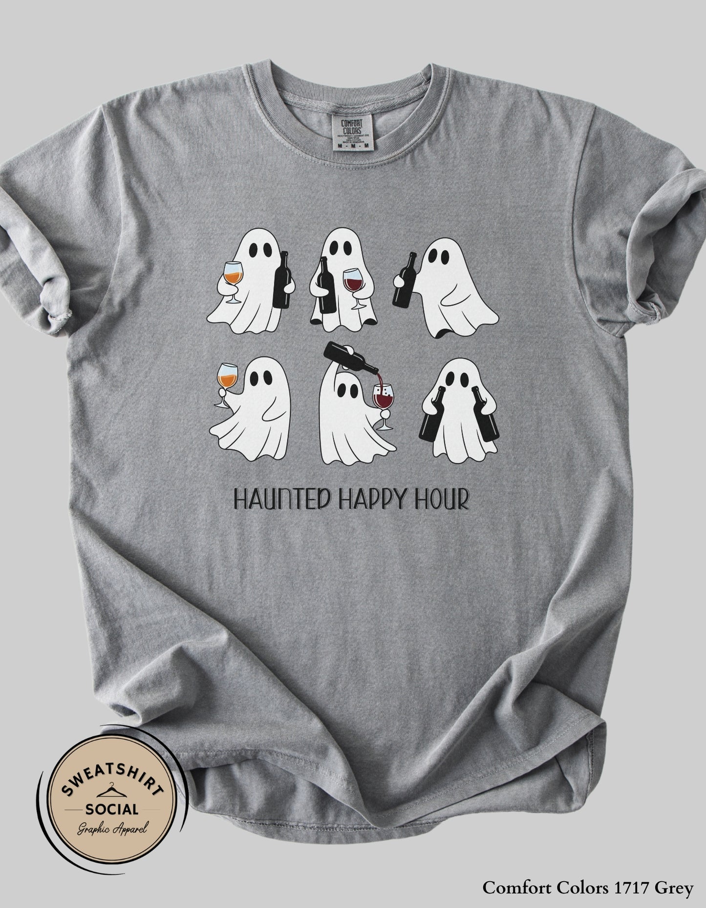 Haunted Happy Hour Ghost Tee – Halloween Wine & Spirits Shirt (Adult Sizes)