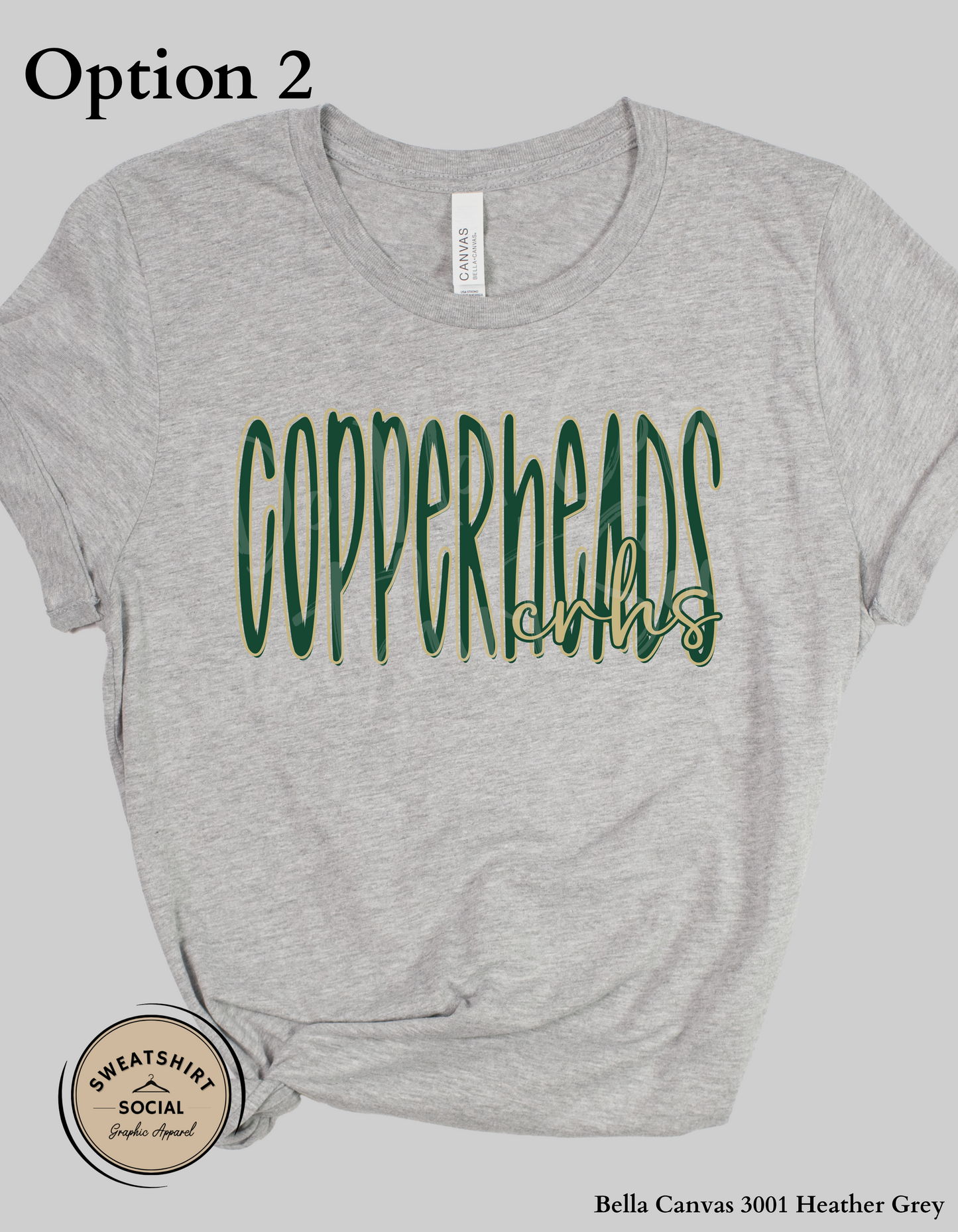 Copperheads Lettered Look Tee or Sweatshirt – Option 1 Tan/Green or Option 2 Green/Gold (Adult Sizes)