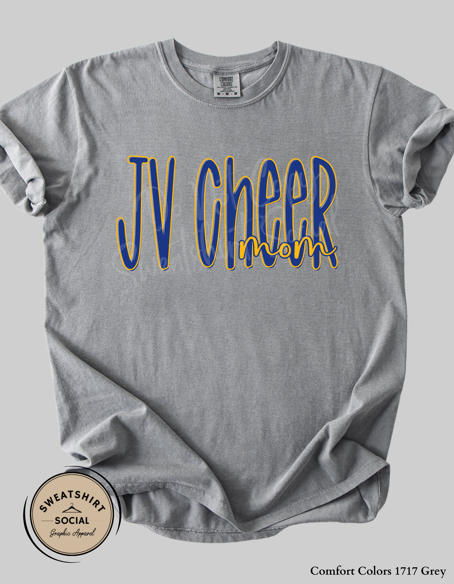 JV Cheer Mom Lettered Look Tee or Sweatshirt – Blue & Yellow (Adult Sizes)