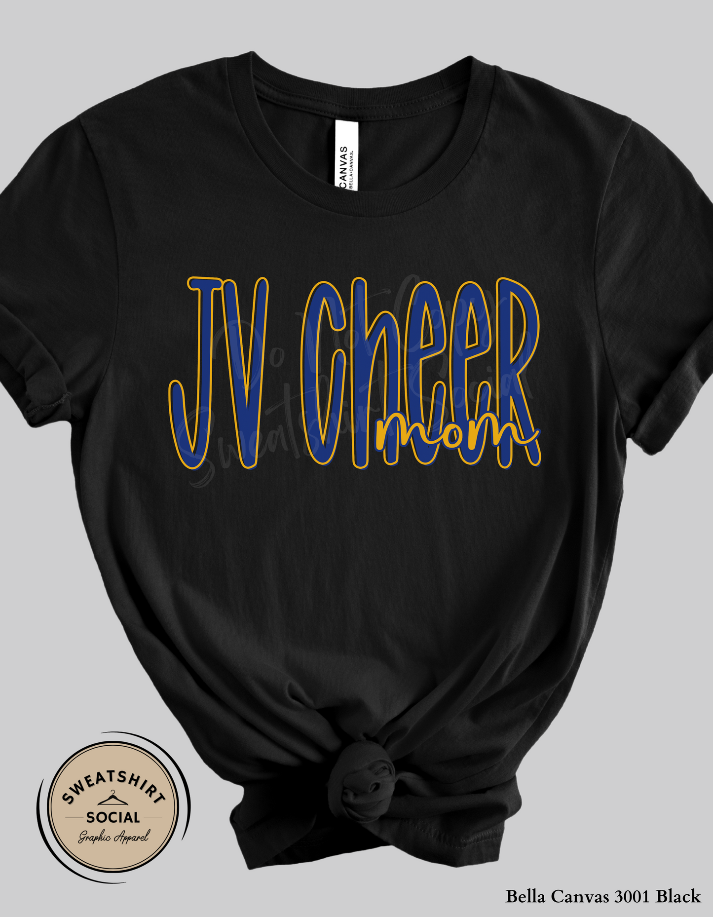 JV Cheer Mom Lettered Look Tee or Sweatshirt – Blue & Yellow (Adult Sizes)