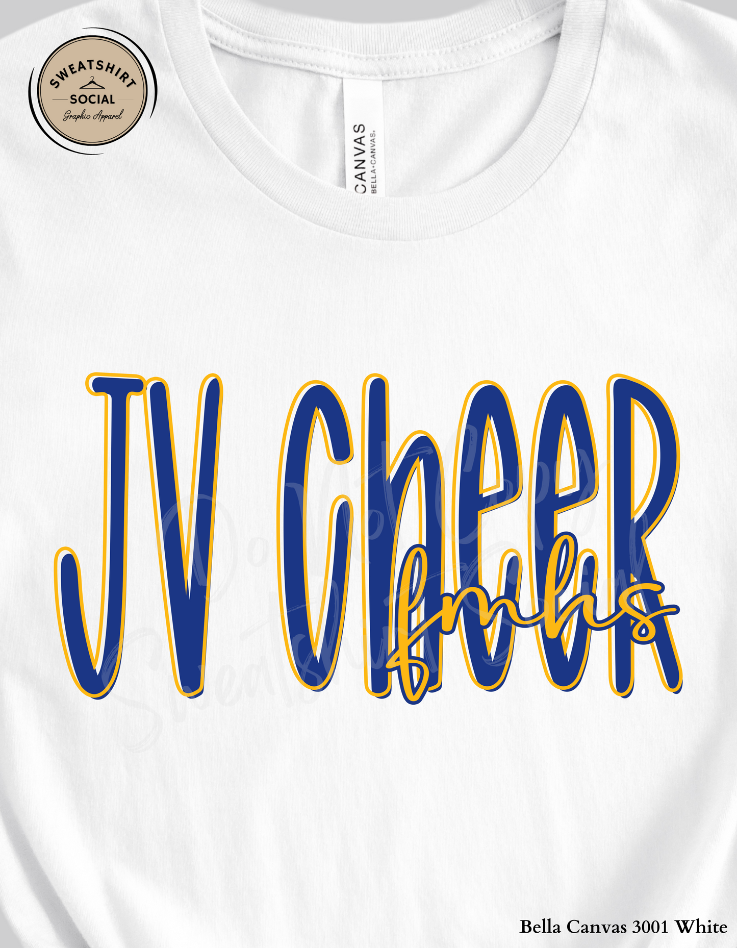 JV Cheer Fort Mill High School Lettered Look Tee or Sweatshirt – Blue & Yellow (Adult Sizes)