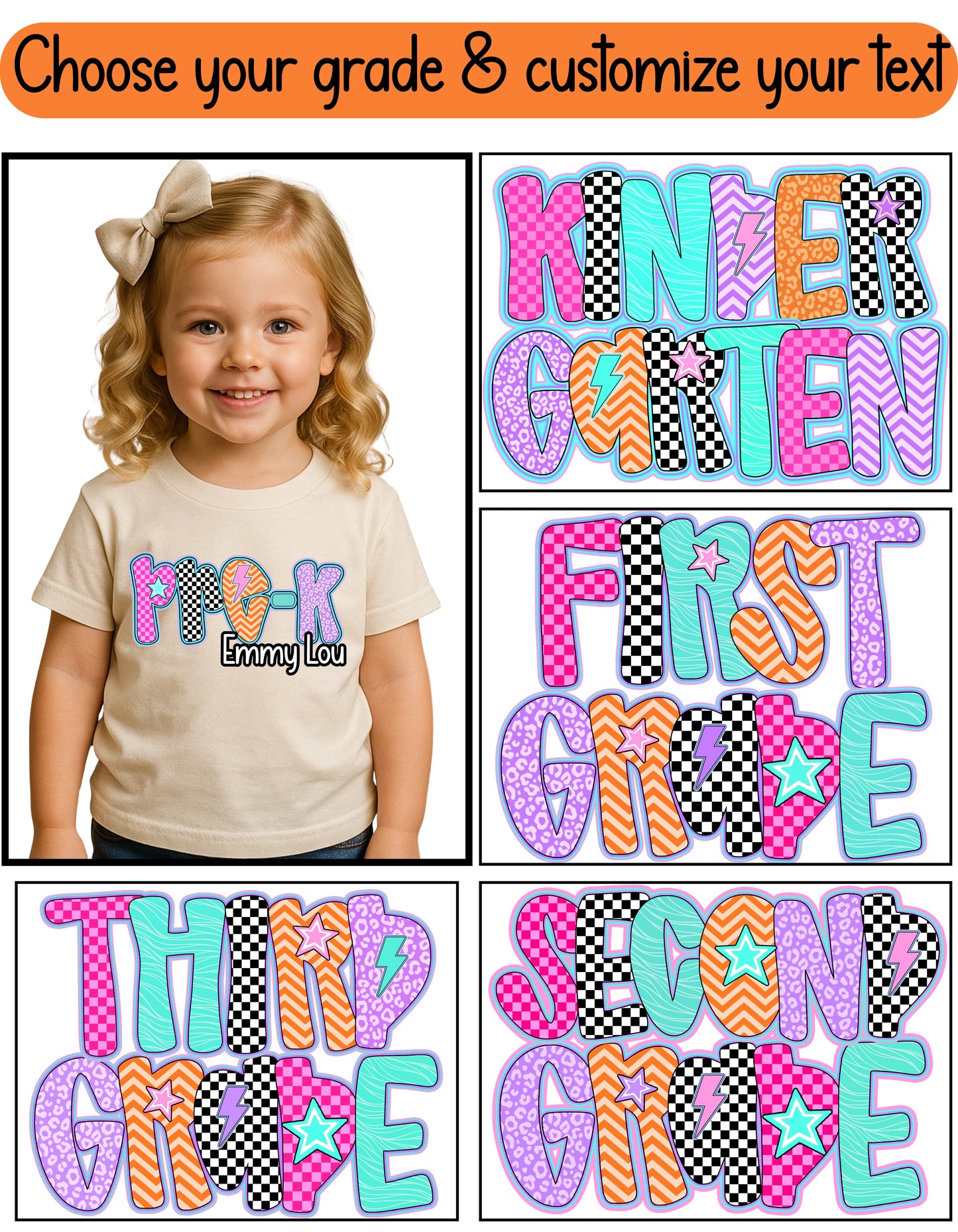 Color Pop Checkerboard Grade Shirt for Kids – Custom Name Back to School Tee (Pre-K to 3rd Grade)
