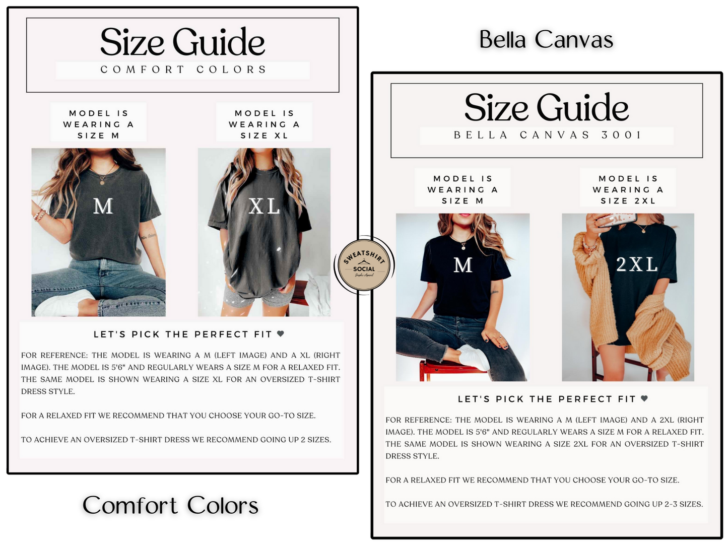 Size guide for Comfort Colors, Bella Canvas, and Gildan T-Shirts & Sweatshirts, showing measurement charts for best fit selection.
