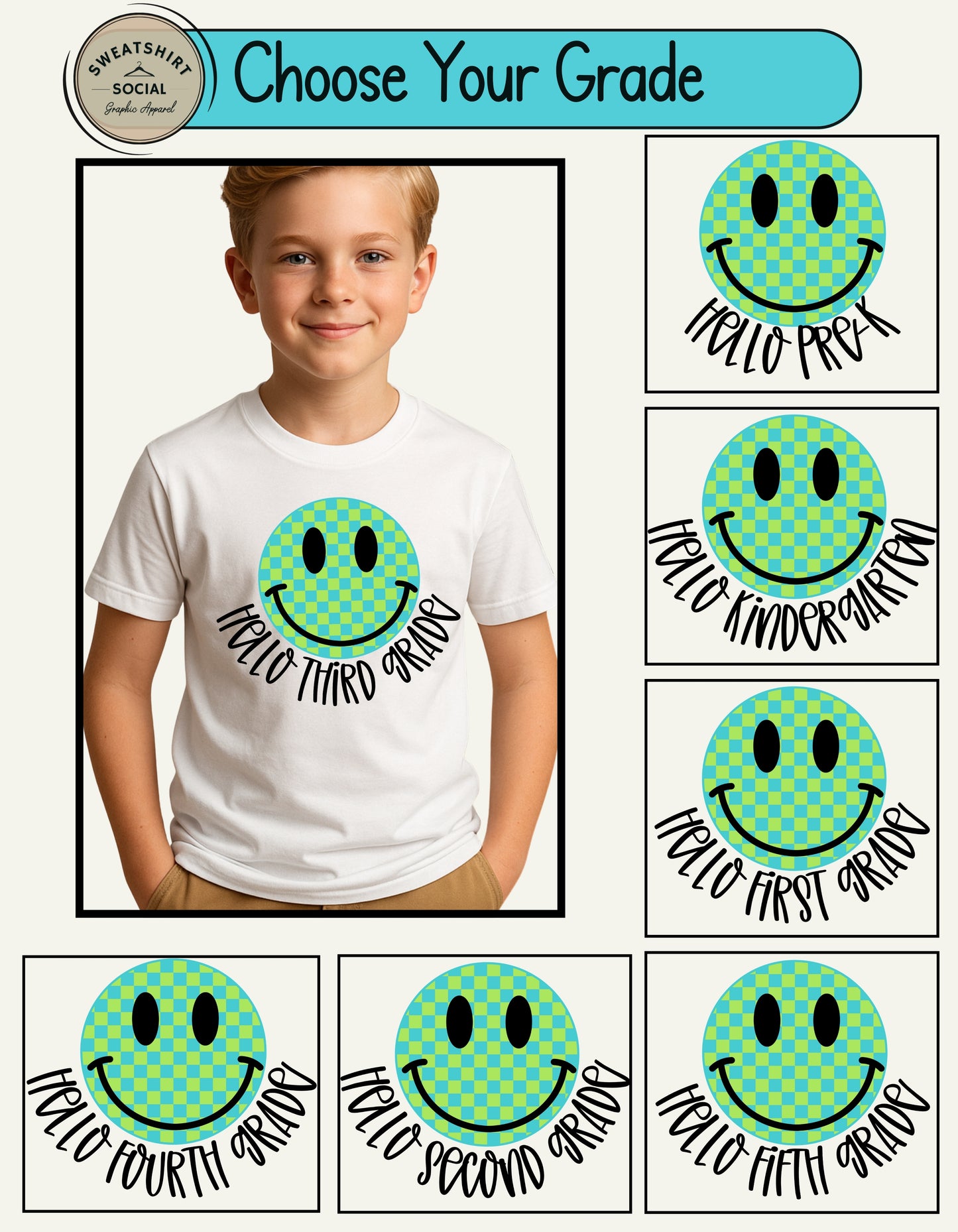 Green Checkerboard Smile Grade Shirt for Kids – Back to School Tee (Pre-K to 5th Grade)