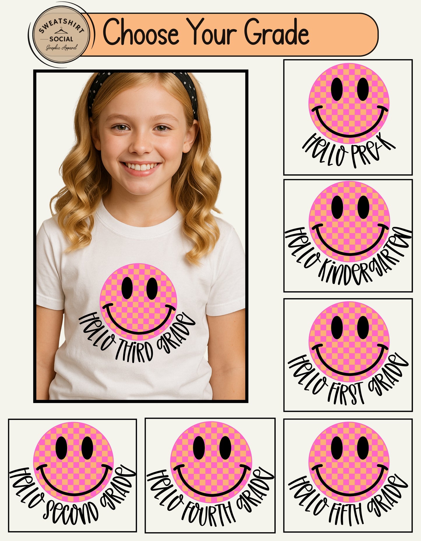 Pink Checkerboard Smile Grade Shirt for Kids – Back to School Tee (Pre-K to 5th Grade)