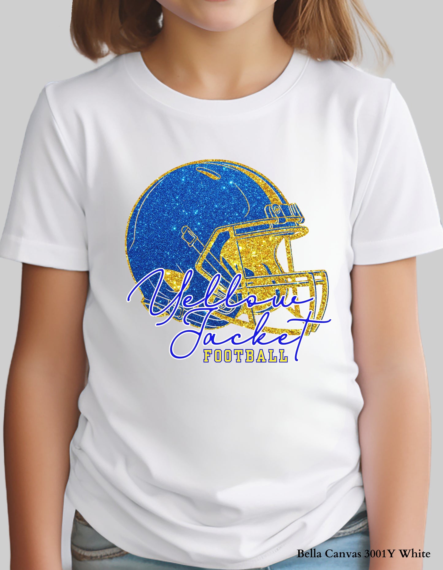 Kids Fort Mill Yellow Jacket Football Shirt – Faux Glitter Helmet Design (Infant, Toddler, and Youth Game Day Top)