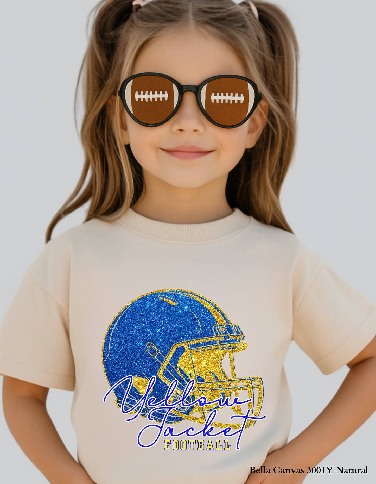Kids Fort Mill Yellow Jacket Football Shirt – Faux Glitter Helmet Design (Infant, Toddler, and Youth Game Day Top)