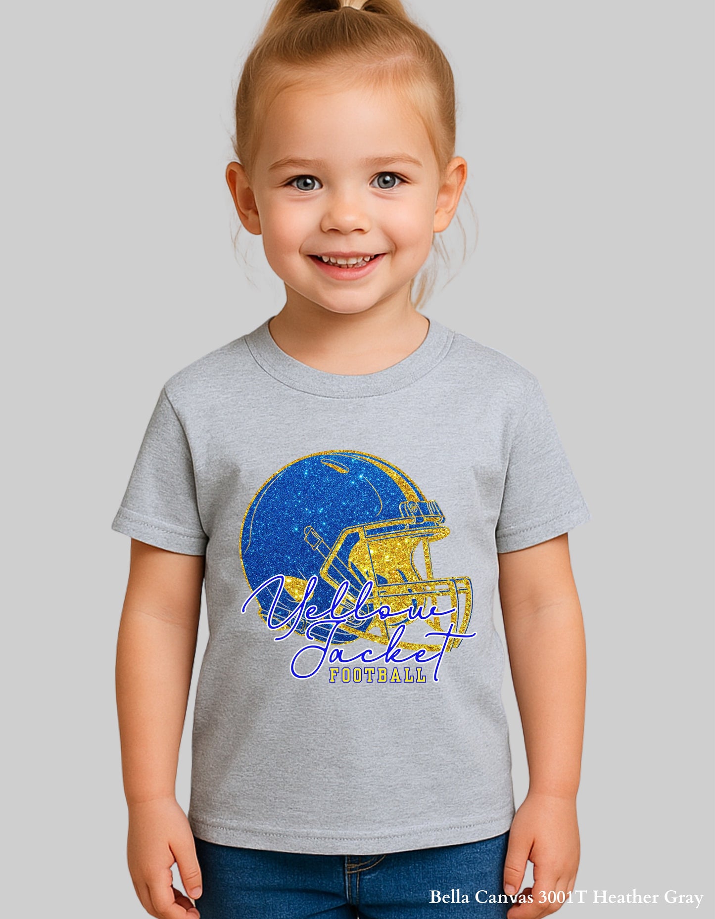 Kids Fort Mill Yellow Jacket Football Shirt – Faux Glitter Helmet Design (Infant, Toddler, and Youth Game Day Top)