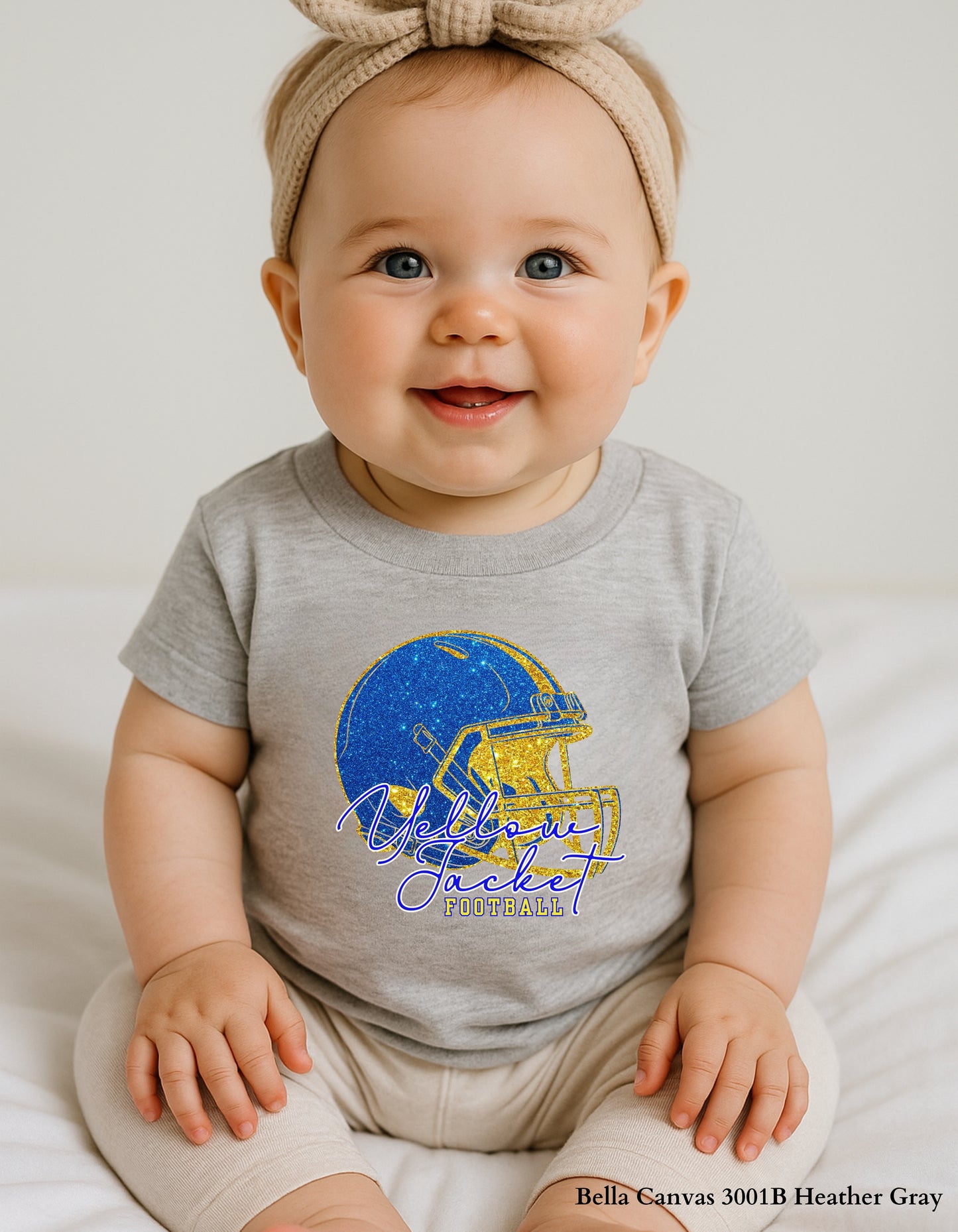 Kids Fort Mill Yellow Jacket Football Shirt – Faux Glitter Helmet Design (Infant, Toddler, and Youth Game Day Top)