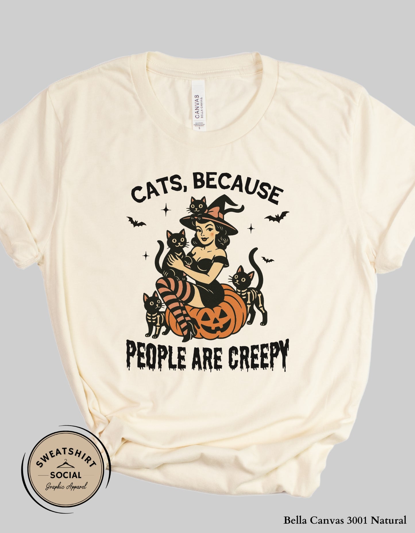 Cats Because People Are Creepy Halloween Tee or Sweatshirt – Retro Witch & Black Cats (Adult Sizes)