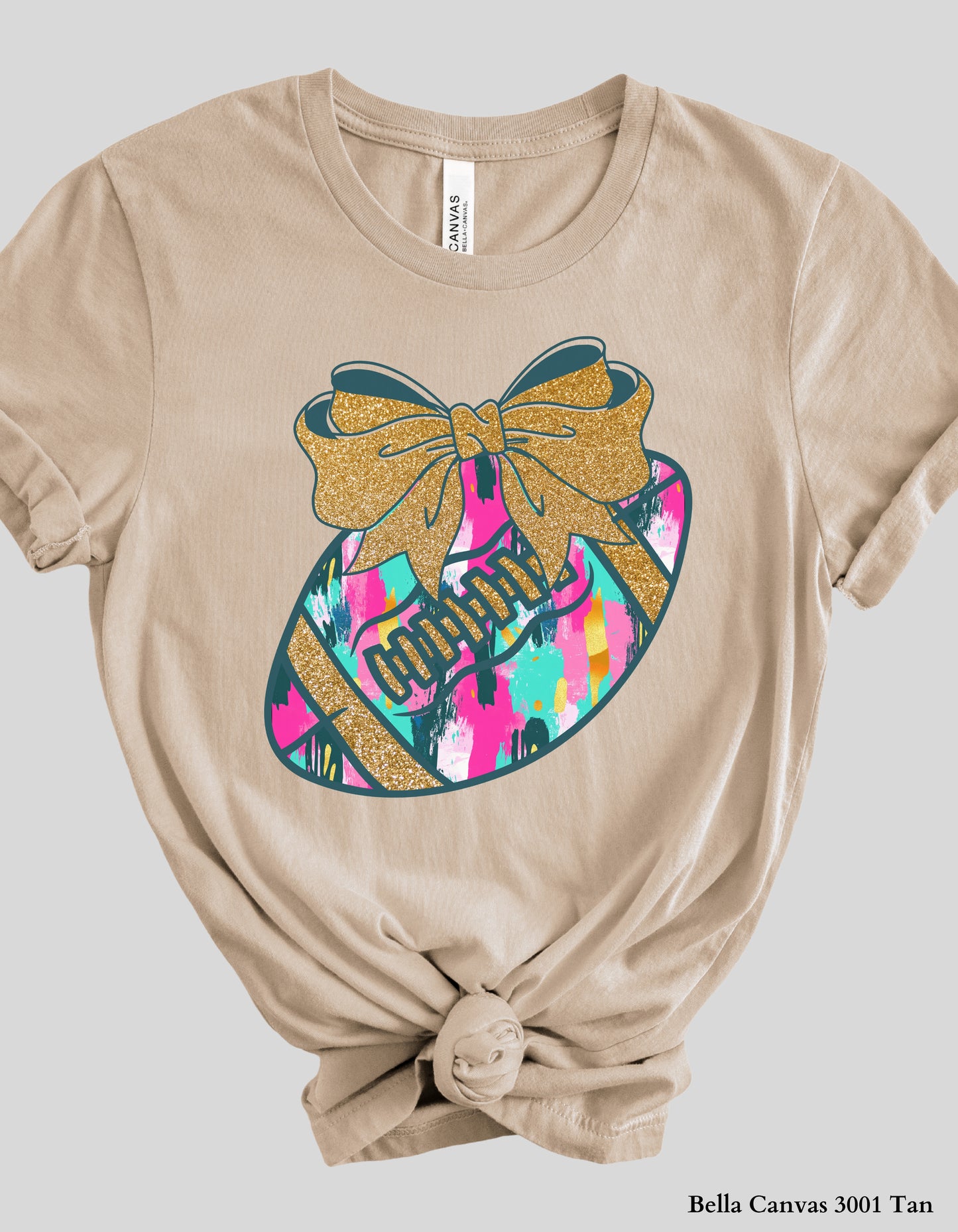 Colorful Game Day Football Shirt with Bow – Faux Glitter Design (Adult Tee or Sweatshirt for Football Moms & Fans)