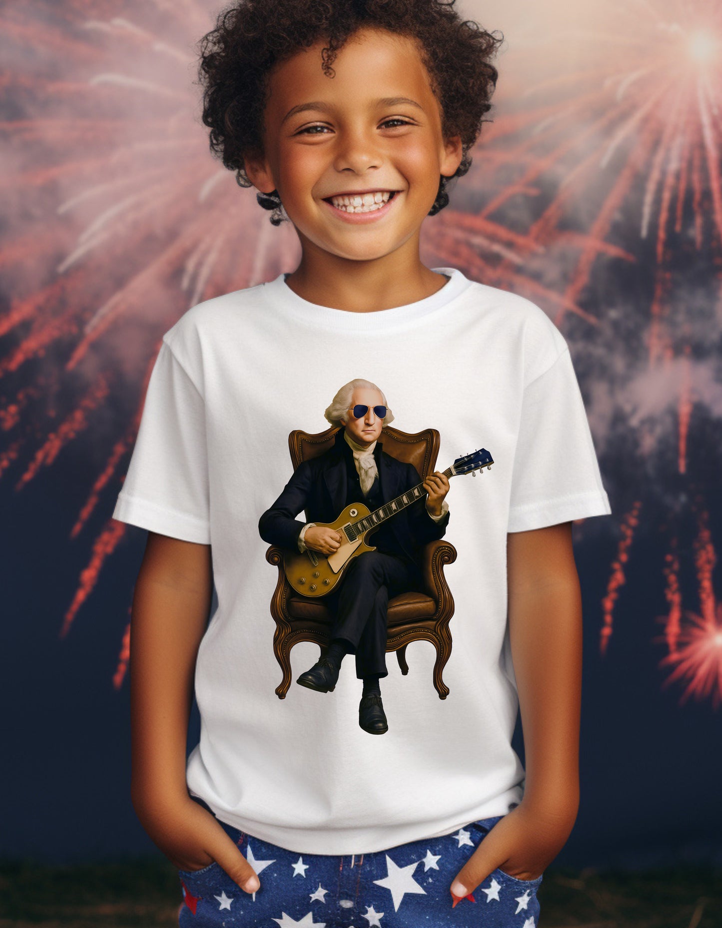 Kids George Washington Guitar Shirt – Funny Patriotic Graphic Tee (Founding Fathers Rock Series)
