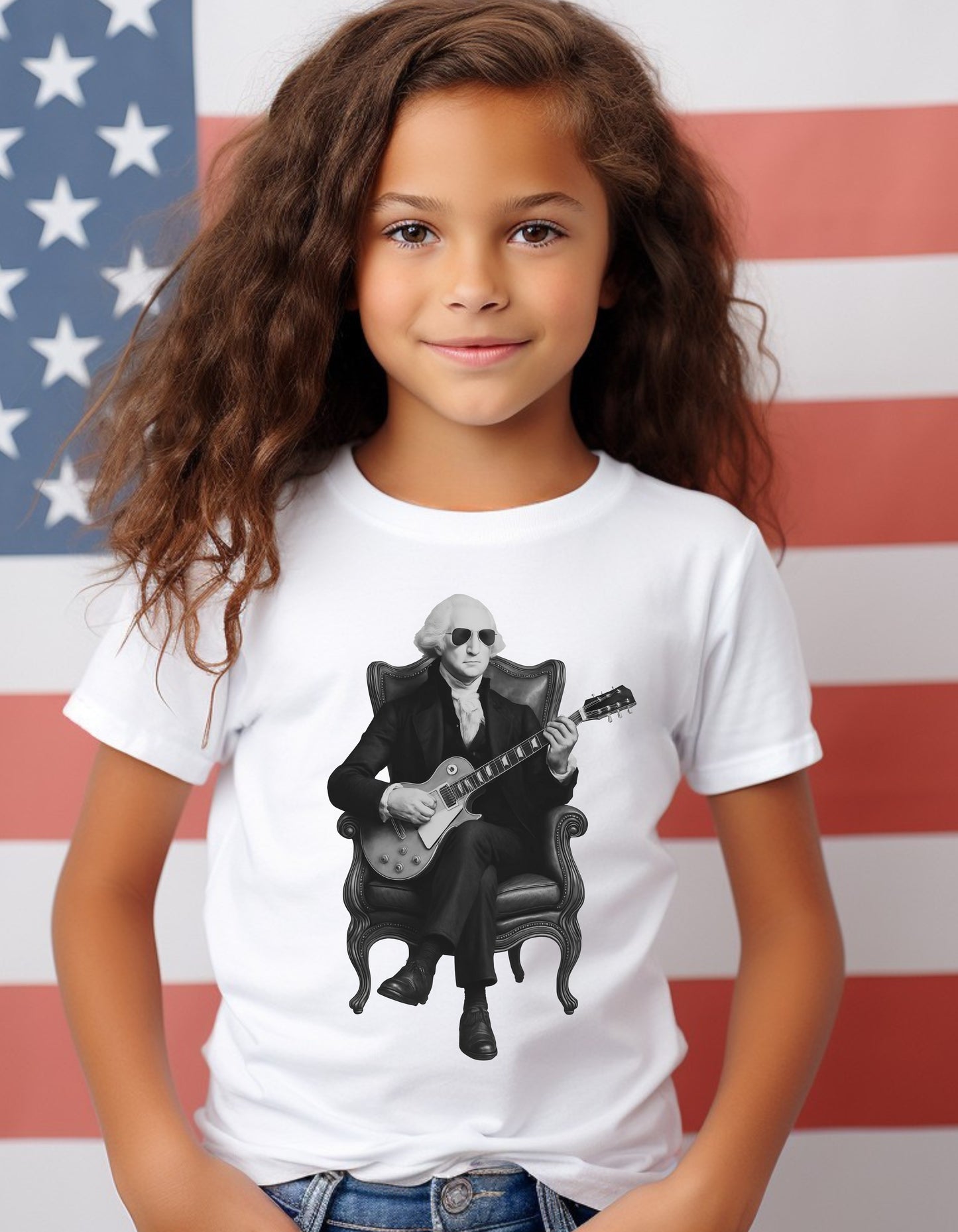 Kids George Washington Guitar Tee – Black & White | Founding Fathers Rock Series Family Matching Shirt