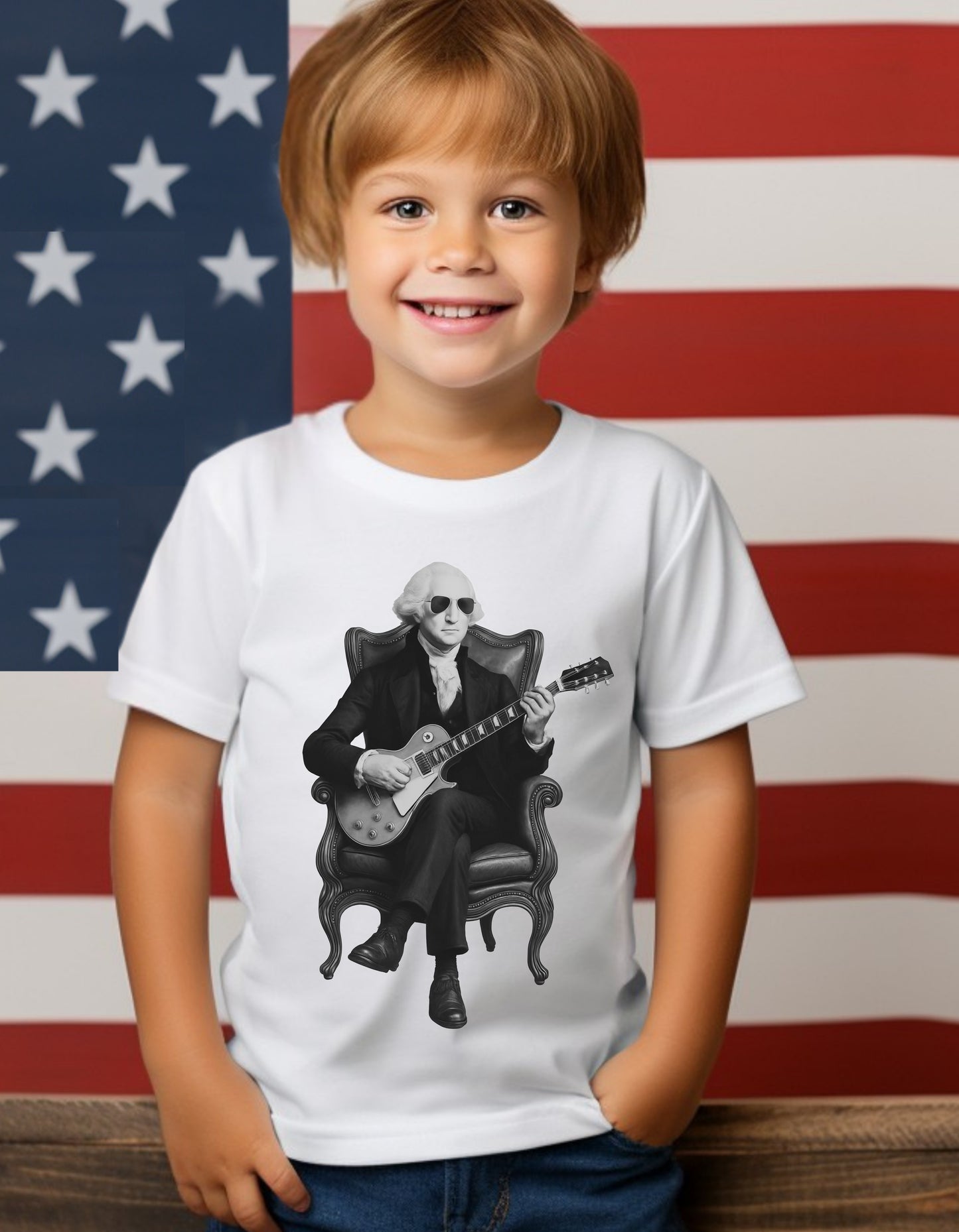 Kids George Washington Guitar Tee – Black & White | Founding Fathers Rock Series Family Matching Shirt