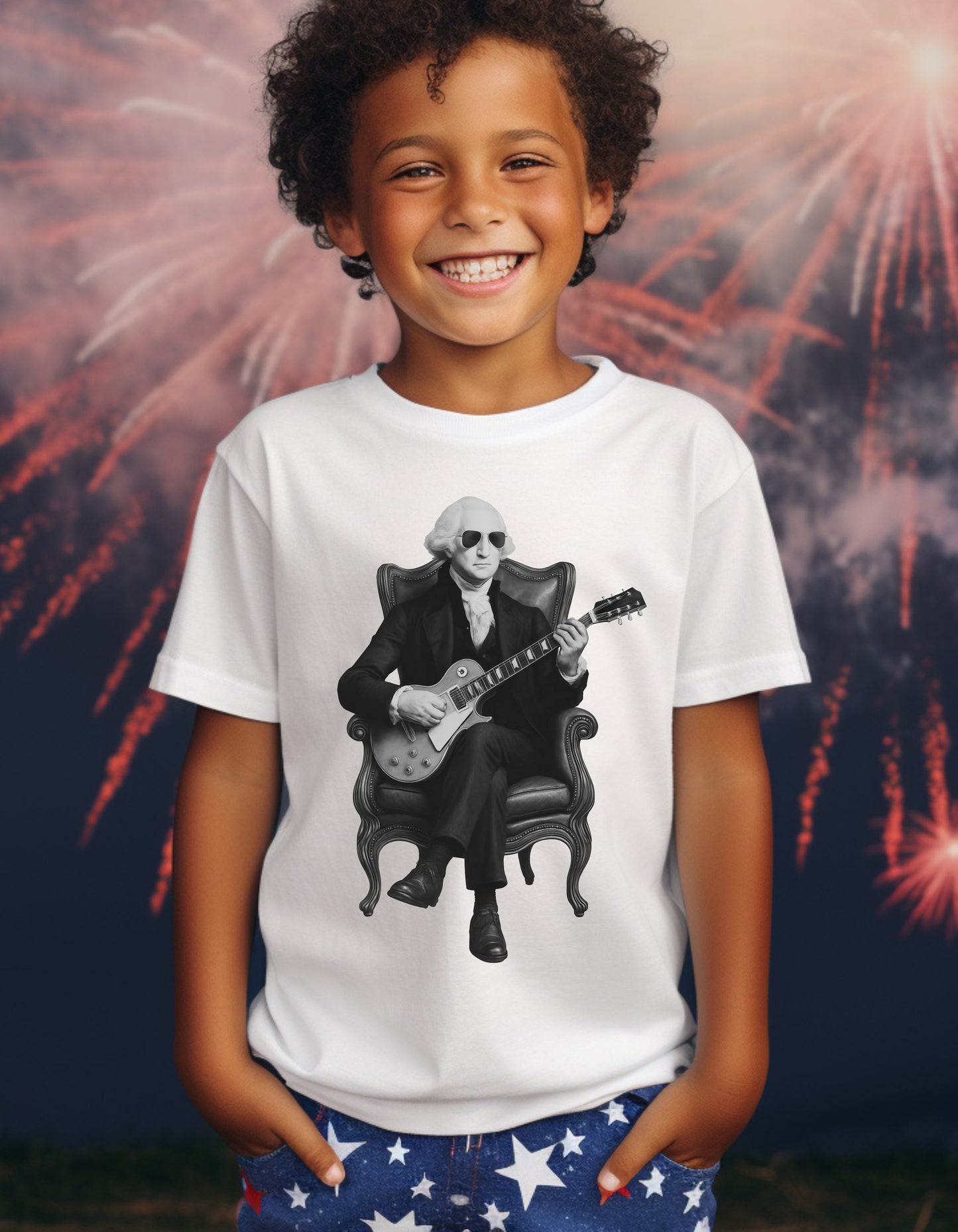 Kids George Washington Guitar Tee – Black & White | Founding Fathers Rock Series Family Matching Shirt