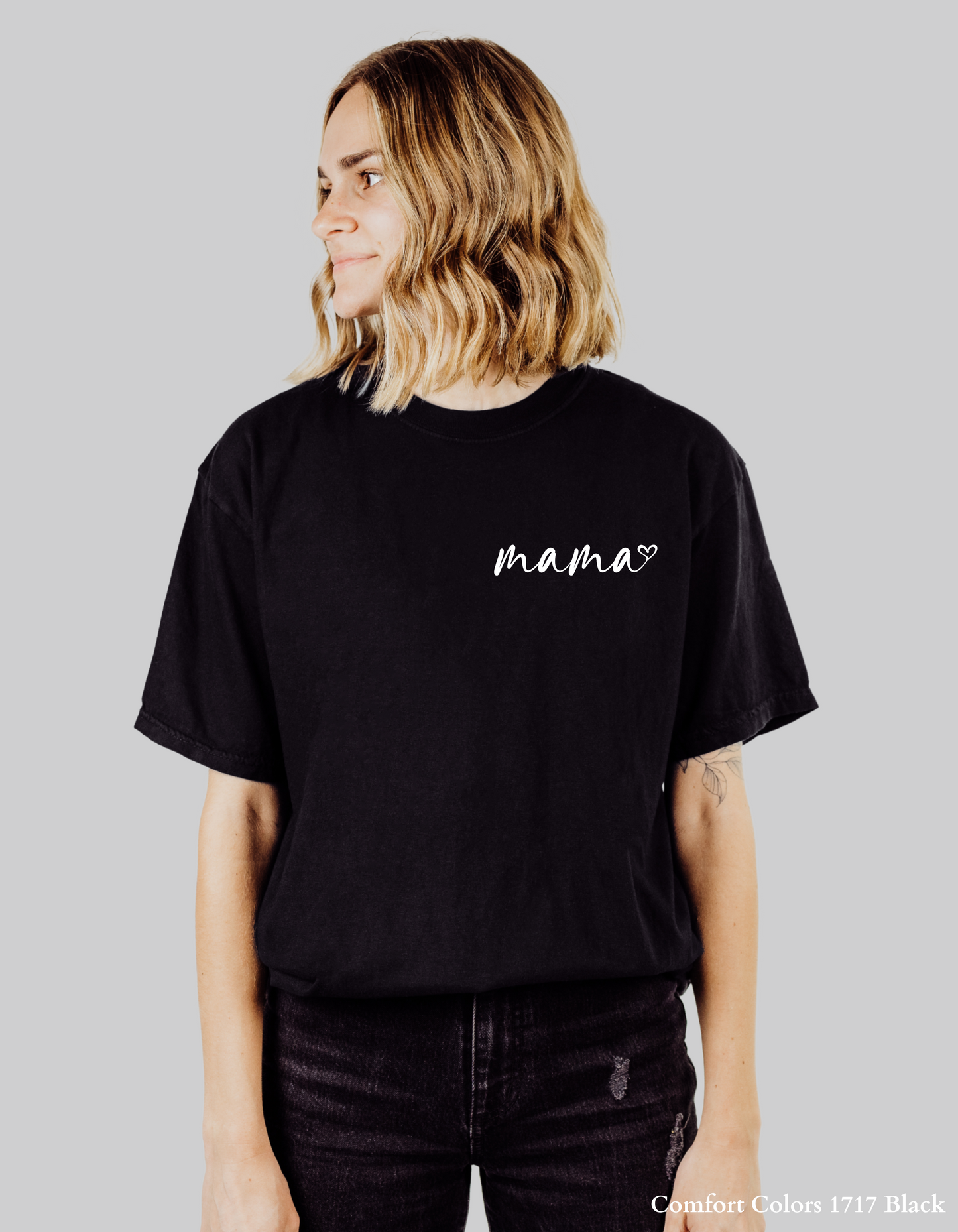 Mama Heart Shirt – Front + Back Design White Text on Black or Navy T-Shirt or Sweatshirt