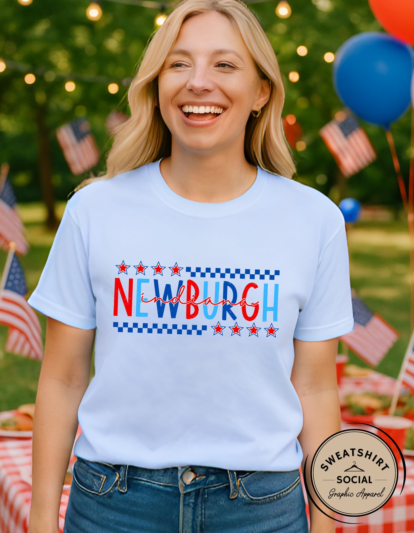 Newburgh IN Fourth of July Shirt – Patriotic Red, White & Blue Hometown T-Shirt or Tank
