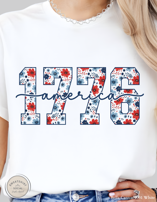 Floral America 1776 Patriotic Graphic Tee – Vintage Americana Fourth of July Shirt, Floral USA Summer Tee (Adult Sizes S–2XL)
