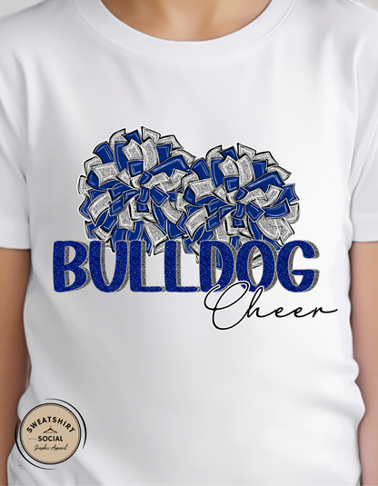 Kids Bulldog Cheer Pom Pom Tee – Blue & Gray Spirit Shirt (Infant, Toddler, Youth Sizes)