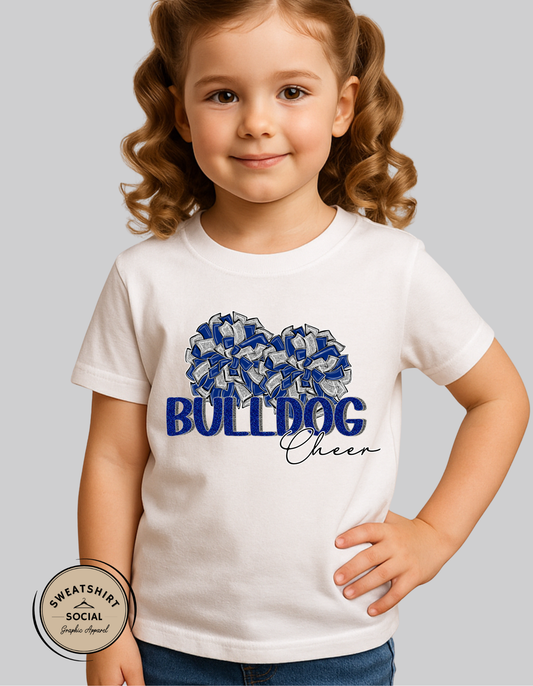 Kids Bulldog Cheer Pom Pom Tee – Blue & Gray Spirit Shirt (Infant, Toddler, Youth Sizes)