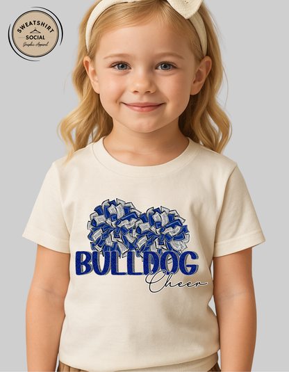 Kids Bulldog Cheer Pom Pom Tee – Blue & Gray Spirit Shirt (Infant, Toddler, Youth Sizes)