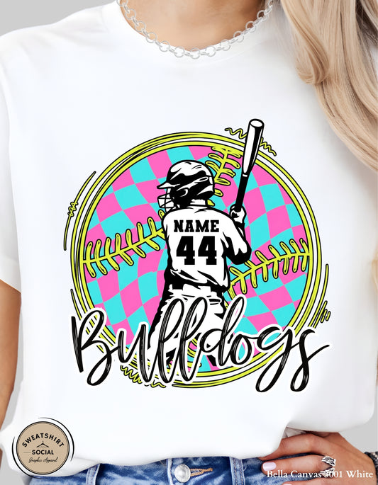 Custom Neon Check Baseball Player Shirt or Tank – Personalized Name & Number Game Day Graphic (Adult Sizes S–2XL)
