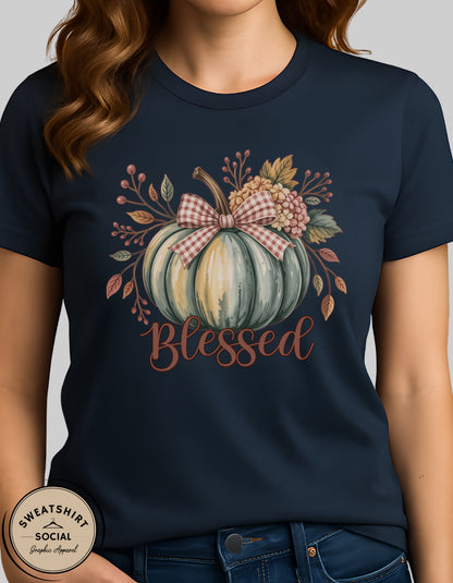 Blessed Pumpkin Shirt – Fall Floral Thanksgiving Tee (Adult Sizes S–2XL)