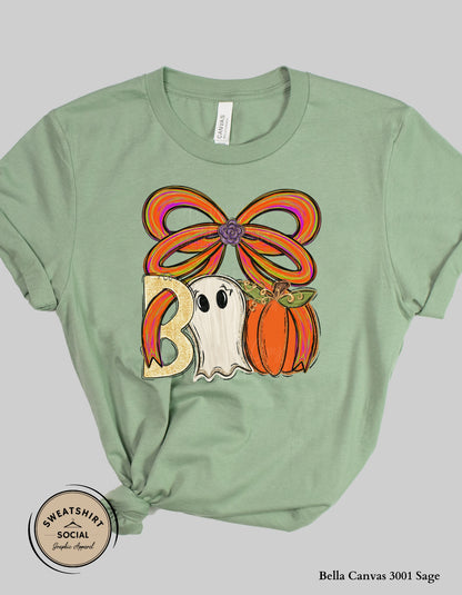 Boo Bow Halloween Shirt – Fun Ghost & Pumpkin T-Shirt and Sweatshirt (Adult Sizes)