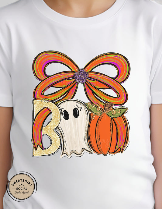 Boo Bow Halloween Shirt – Ghost & Pumpkin Tee (Youth, Toddler & Infant Sizes)