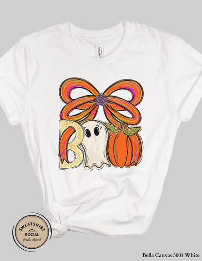 Boo Bow Halloween Shirt – Fun Ghost & Pumpkin T-Shirt and Sweatshirt (Adult Sizes)