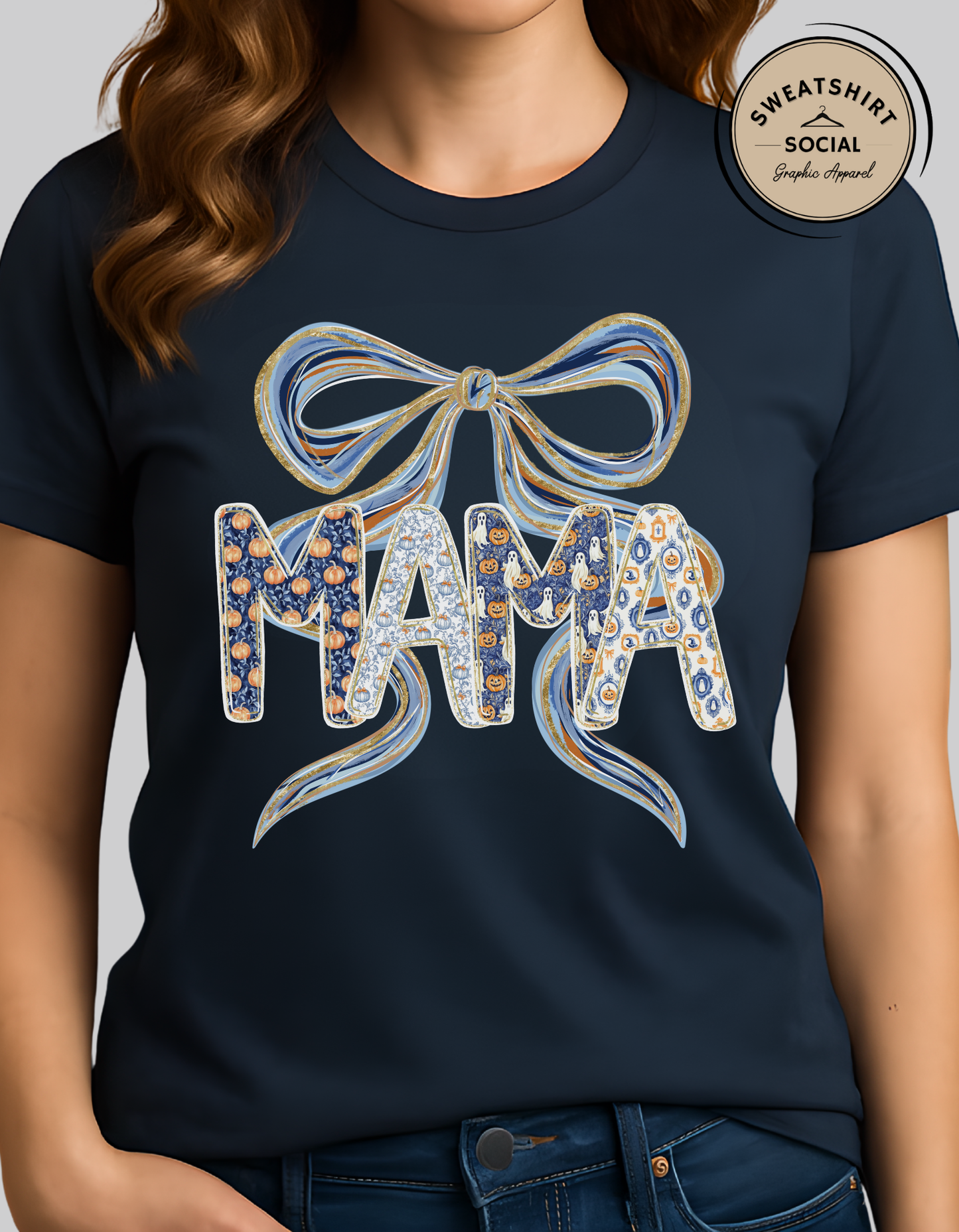 Bow MAMA Halloween Shirt – Festive Fall Graphic Tee for Moms (Adult Sizes S–2XL)